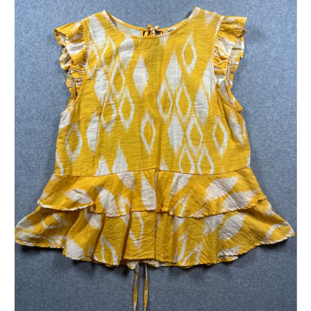 THML Blouse Peplum Top Women's Medium Yellow Ikat Ruffle Sleeve Boho Tiered